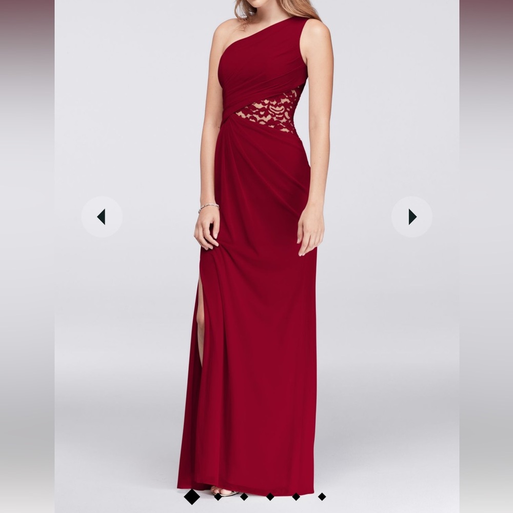 one-shoulder mesh dress with lace inset David’s bridal bridesmaid dress-apple
